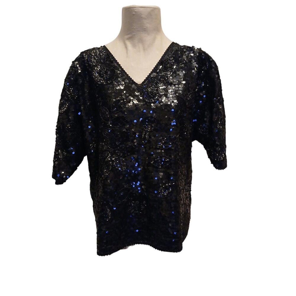 Exotic Formal Beaded Sequin Top L Black Short Sleeve NY Party‎ Christmas Holiday